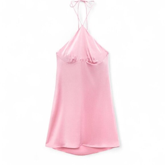 Zara Pink Satin Halter Mini Dress - Small - Picture 1 of 4